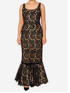 Women's S XS Vtg 1960's Lee Jordan Long Black Lace Gown Nude Wiggle Ruffled Hem